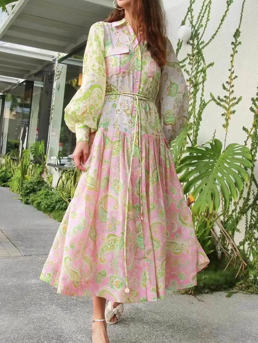 

High Quality Summer Holiday Women Lady High Street Fashion Women Full Sleeve Turn Down Collar Print Ramie Midi Long Dress
