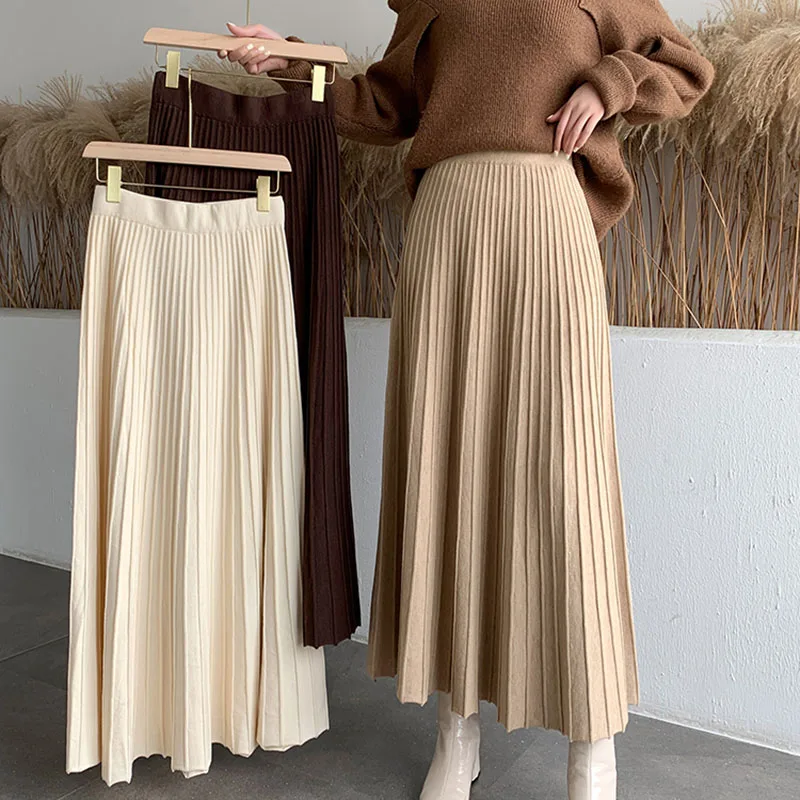 

Женская трикотажная длинная юбка в рубчик, зимняя теплая плотная трапециевидная юбка с высокой талией, элегантная юбка с широкой юбкой для женщин, одежда в Корейском стиле, 2022
