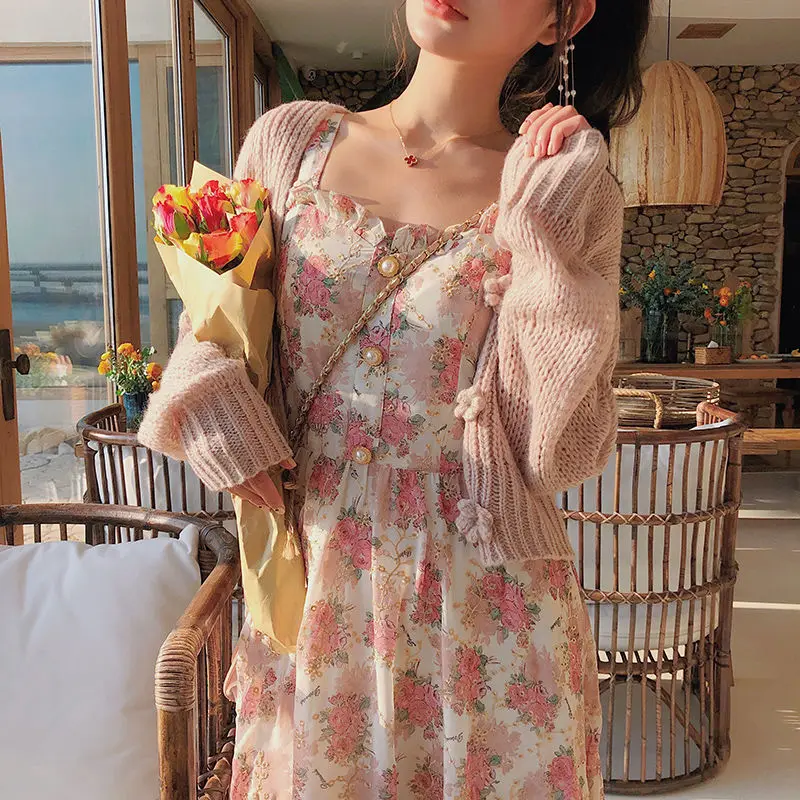 

Women Summer French Sweet Fairy Dress Elegant Pearl Button Floral Print Ruffles Party Female Kawaii Korean Cottagecore Dresses