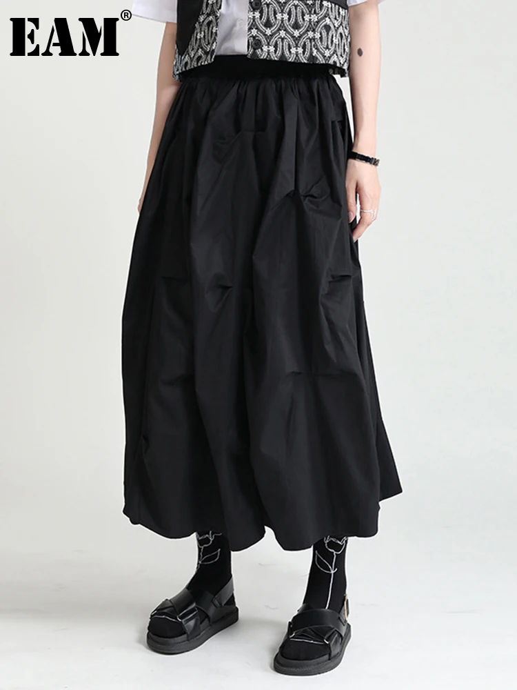 

[EAM] Black Casual Irregular Ruched High Elastic Waist Midi Half-body Skirt Women Fashion Tide New Spring Summer 2023 1DD8525