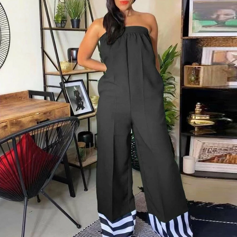 

Casual Pocket Party Rompers Summer Sexy Strapless Striped Patchwork Jumpsuit Women Off Shoulder High Waisted Straight Playsuits
