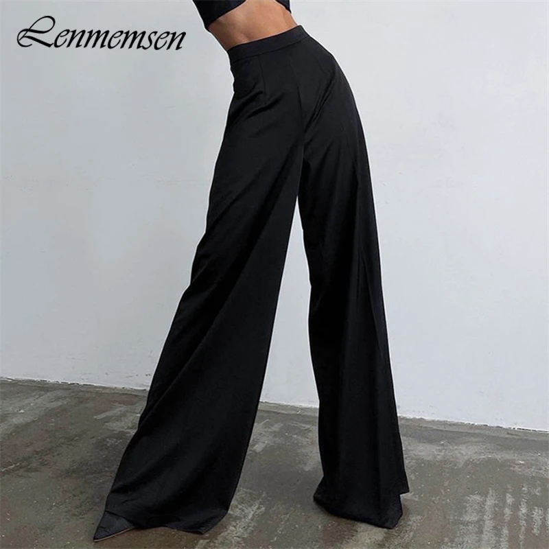 Lenmemsen Korean Loose Suit Pants Women Summer Casual High Waist Wide Leg Pants Female Trendy Streetwear Black Mop Trousers Lady