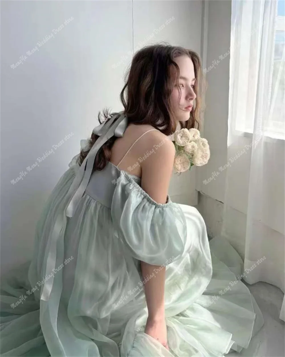 Фото ZHUISHU милое вечернее платье на бретельках с пышными рукавами, прямой слой, корейская свадебная фотосессия, шелковое платье из органзы для выпускного вечера, корсет по индивидуальному заказу №2