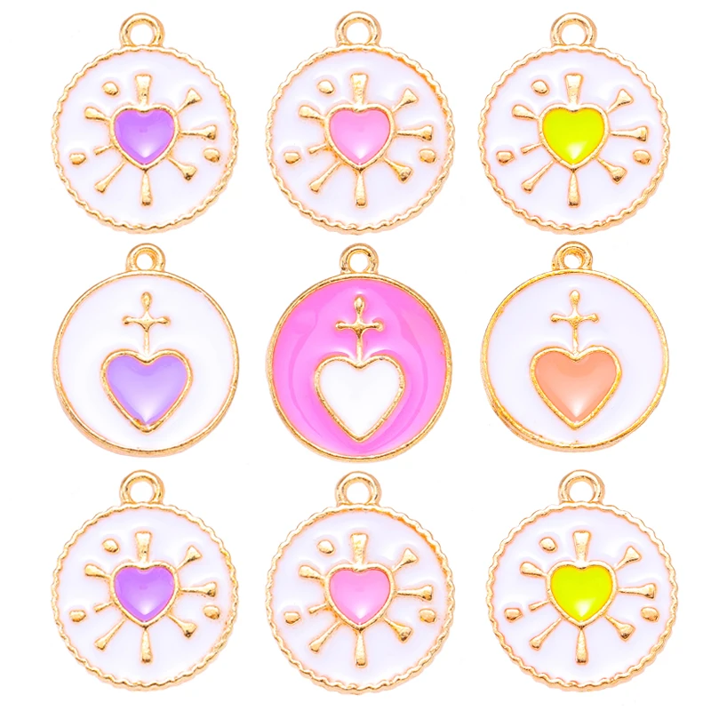 

20pcs 15*18mm Enamel Round Heart Women's Accessories Earrings Bracelets Necklaces Pendants Charms For Jewelry Making DIY Crafts