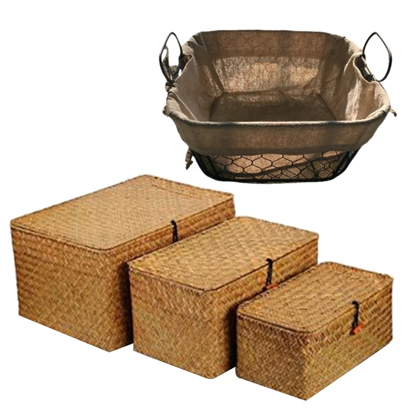

4 Pcs Kitchen Snack Storage Basket Picnic Bread Container, 3 Pcs Grass & 1 Pcs Metal
