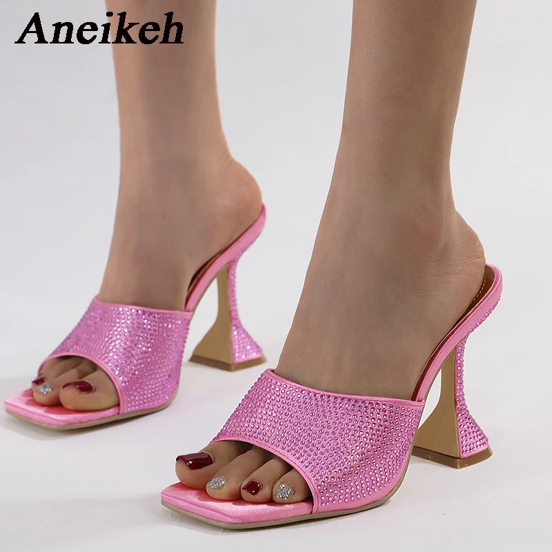 

Aneikeh 2024 Summer Fashion Square Toe Strange High Heels Sandals Mules Slippers Women Crystal Rhinestone Satin Shoes Slides