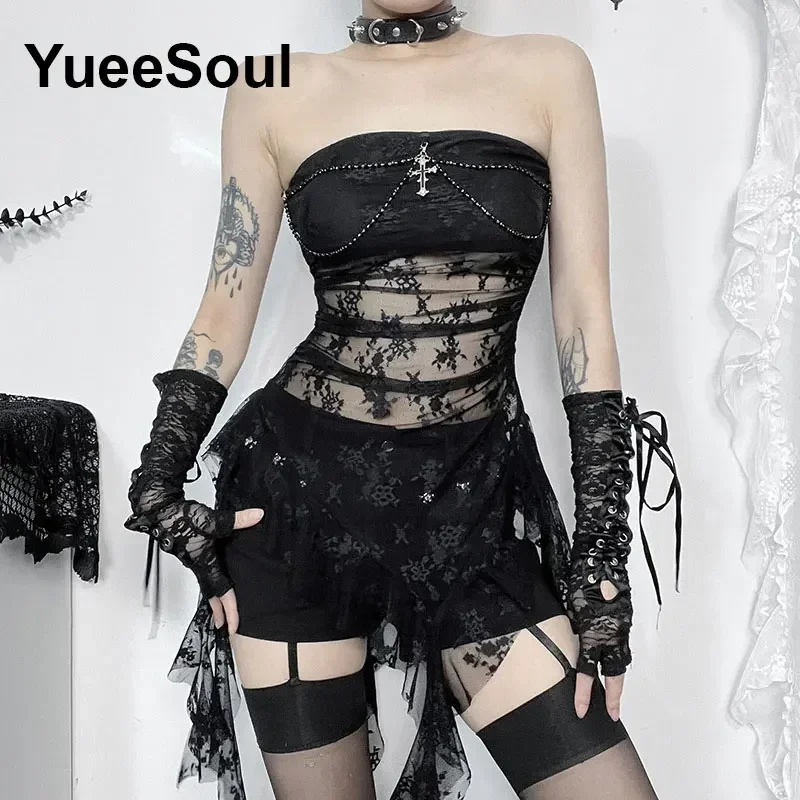 Gothic Crop Tops Black Lace Mesh Tanks 2025 New Y2K Goth Punk Grunge Fairy Core Sexy Halloween 2000s Women Clothing