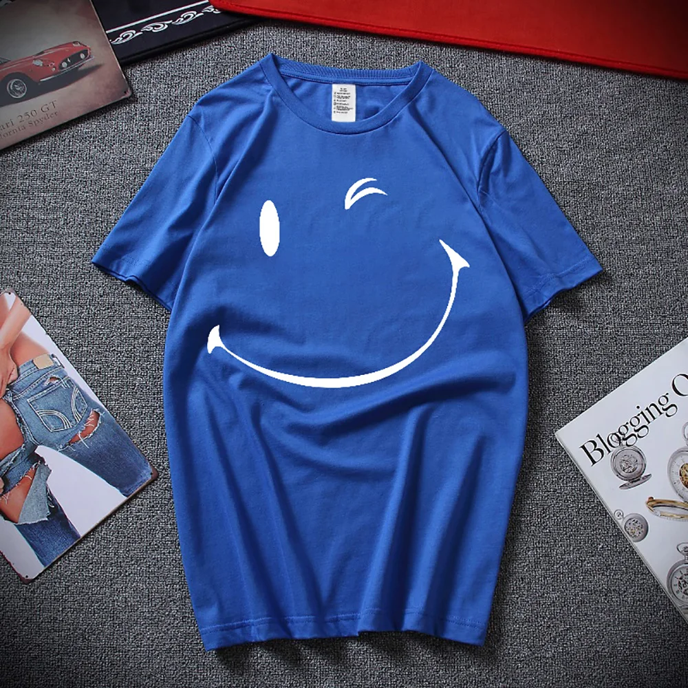 

Summer Men Women Cotton Solid Color T-Shirt Smile Face Print Top Tee Male Casual Stylish Clothing Unisex Oversized Streetwear