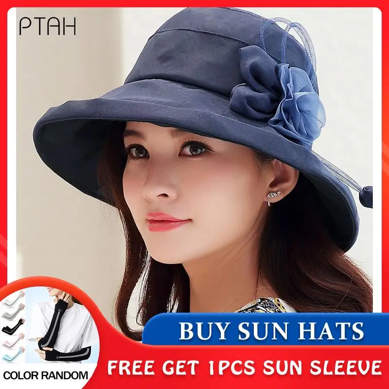 

[PTAH] Summer Hats for Women Spring Sun Caps Ladies 100% Mulberty Silk Sun Protection Cap Women's Breathable Beath Hats Girl