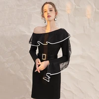 yigelila fashion women black dress elegant diagonal collar lace dress empire slim bodycon dress knee length 67089