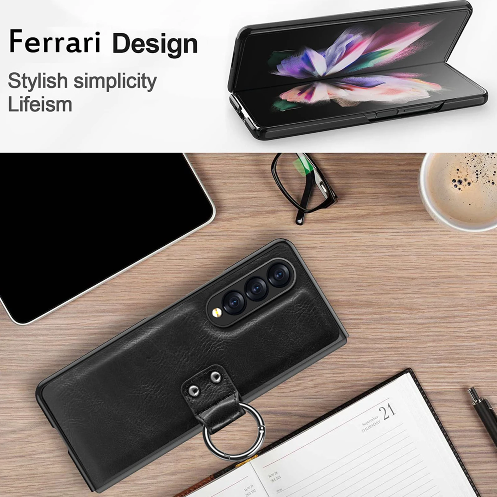 Leather Case for Samsung Galaxy Z Fold 3 with Tempered Glass Screen Protector & Ring Holder Kickstand Full Body Protective Cover