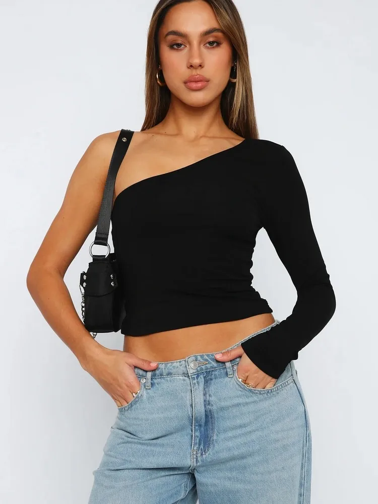

One Shoulder Backless Crop Top For Ladies Fashion Streetwear Solid Color Body-shaping Short Undershirt Party Club Pull On Shirt