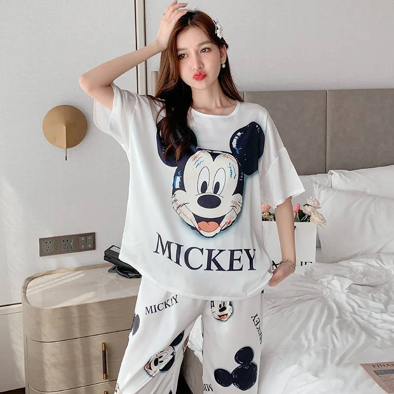 Disney Stain 3 Pieces Sleepwear Summer for Women O Neck Top and Trouser Suits Woman Casual Home Silk Loungewear Outfits Ladies