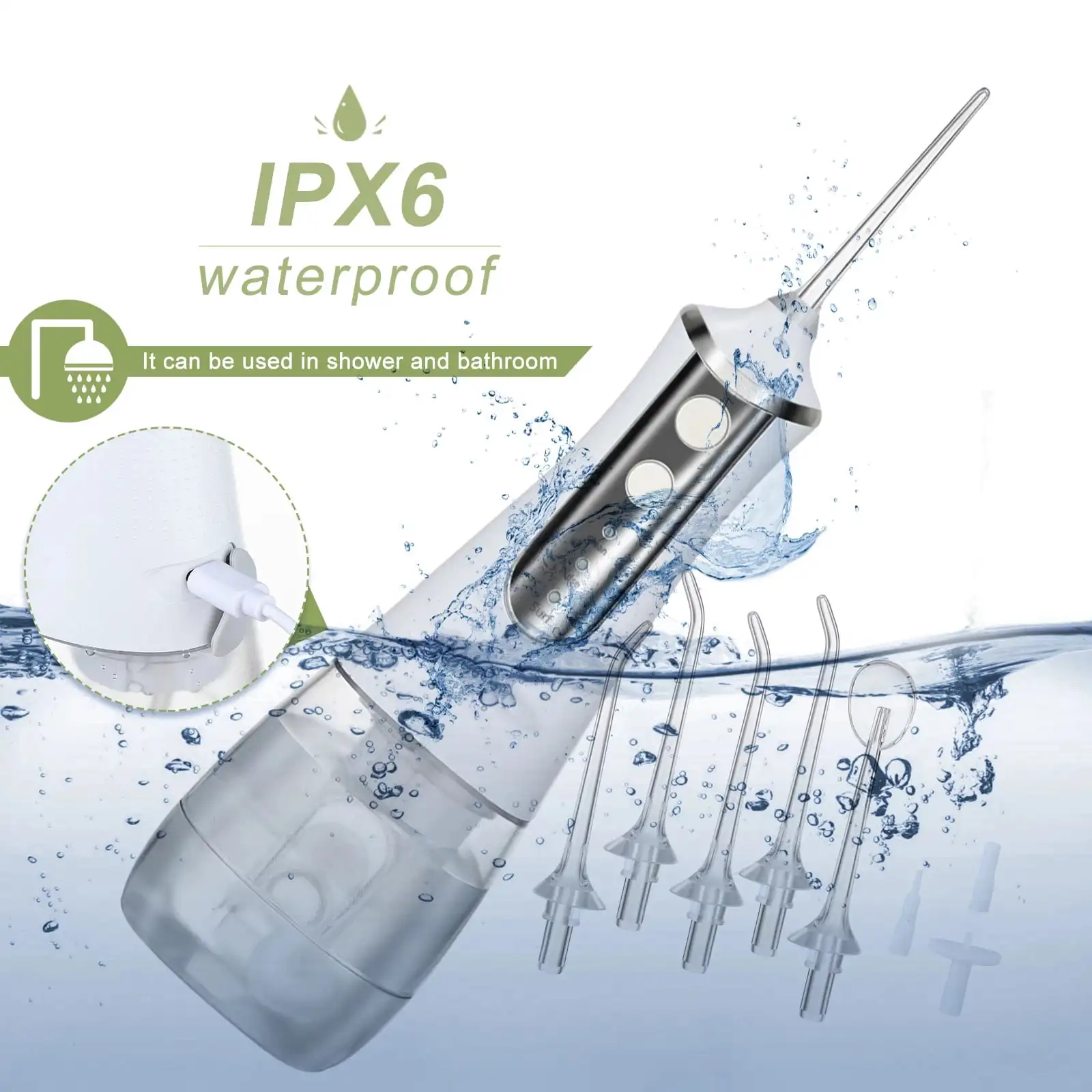 

Water Flosser, Cordless Rechargeable Oral Irrigator, 300ML 5 Jet Tips, White