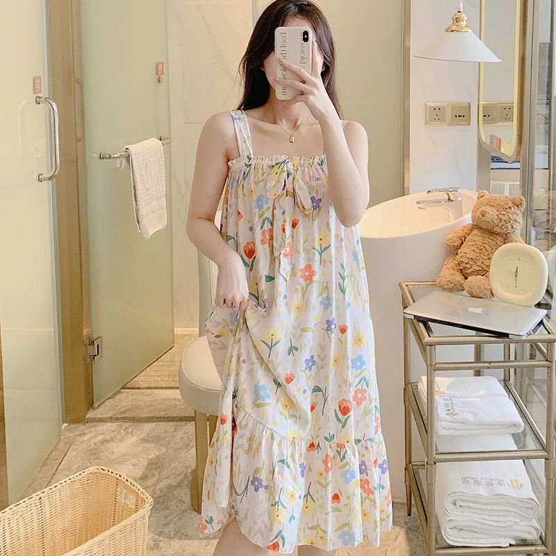 New Women's dresses 2023 Trend Loose Summer Long Length Printing Pajamas Lady's Sling Sexy Nightwear Nightdress For Sleeping