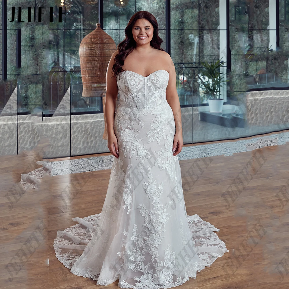 

JEHETH Modern Mermaid Wedding Dress Plus Size Sweetheart Exquisite Lace Applique Bride Gowns Tulle Sleeveless vestidos de novia