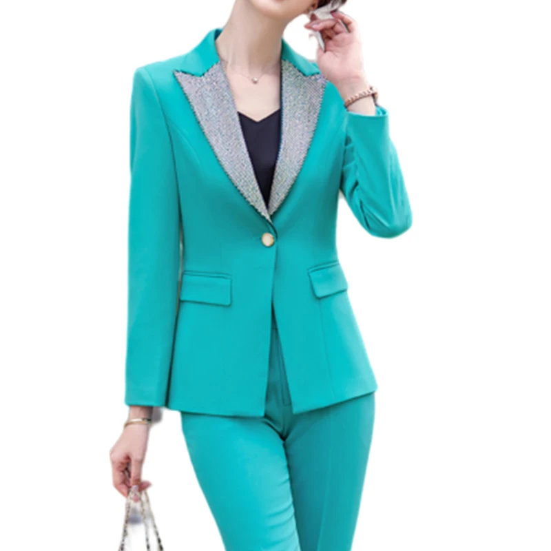 

Lenshin Candy Color 2 Piece Patchwork Suit Set for Women Business Office Lady Work Wear Formal Business Green Pant Suits