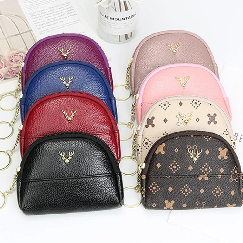 

Coin Case Double Zipping Compartment Deer Head Coin Purse For Female New Arrivals 100% Genuine Leather Women Coin Pockets