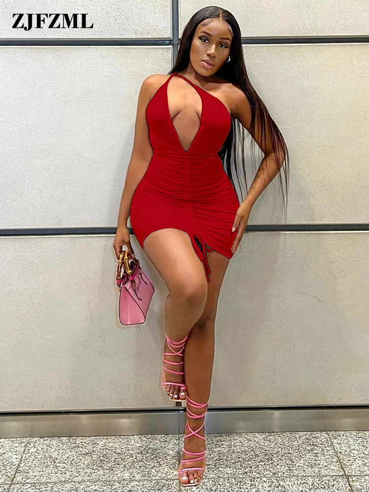 

One Shoulder Sexy Night Club Pleated Dress Cleavage Deep V-neck Backless High Waist Bodycon Dress Vestidos Elegantes Para Mujer