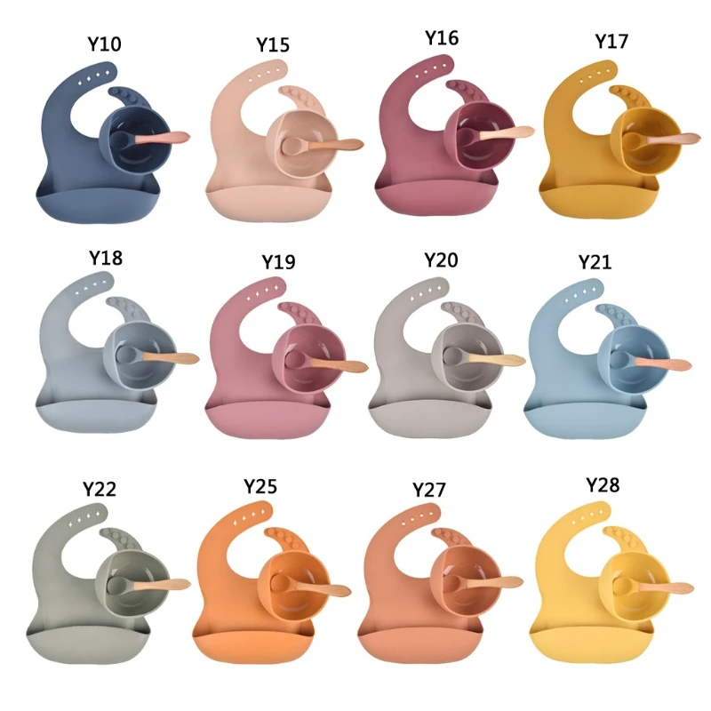 

Baby Silicone Suction Bowl Bibs Wooden Handle Spoon Non-Slip Anti-Fall Children