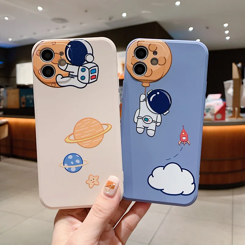 

Cute Astronaut Hand Lanyard Phone Case for IPhone 13 12 11 Pro Max Mini X XS XR 7 8 Plus SE 2020 Liquid Silicon Cover Phone Case