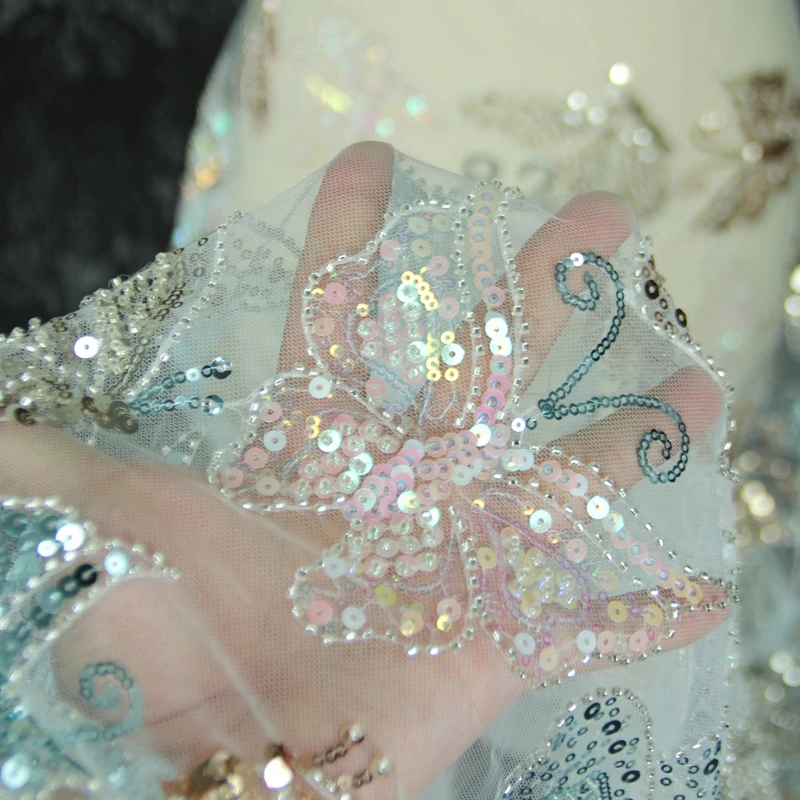 

3D блестки красочная бабочка вышивка Сетка кружевная ткань для женщин вечернее платье сценическая Фототюль ткань