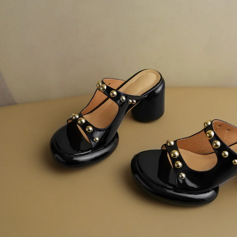 big size sandals women slipper 2023 punk rivets round high heel summer platform shoes women real leather open-toe rome sandalias
