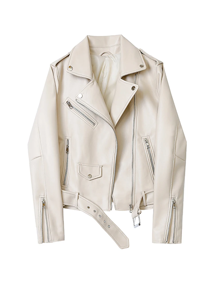 Women Spring Streetwear PU Faux Leather Short Jacket with Belt Moto Biker Basic Coat Turn-down Collar Zipper Jackets Leather