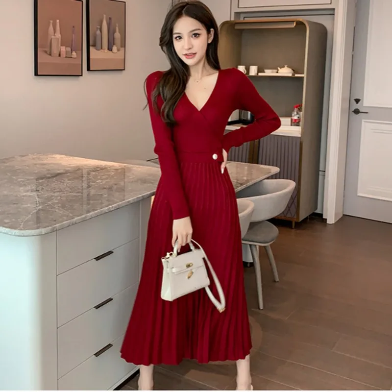 

Женское Плиссированное Платье с V-образным вырезом, длинным рукавом