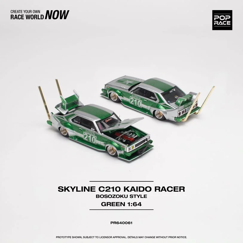 Pop Race в наличии 1:64 Skyline MK5 C210 Kaido Racer Bosozoku зеленый серебристый открывающийся капюшон