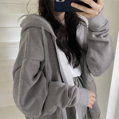 Women Oversized Loose Hoodies Sweatshirts Autumn Solid Color Long Sleeve Hooded Tops Female Zip-Up Pockets Coats Clothing