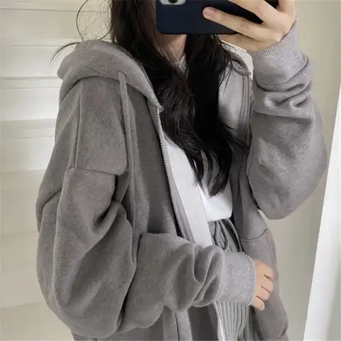 Women Oversized Loose Hoodies Sweatshirts Autumn Solid Color Long Sleeve Hooded Tops Female Zip-Up Pockets Coats Clothing