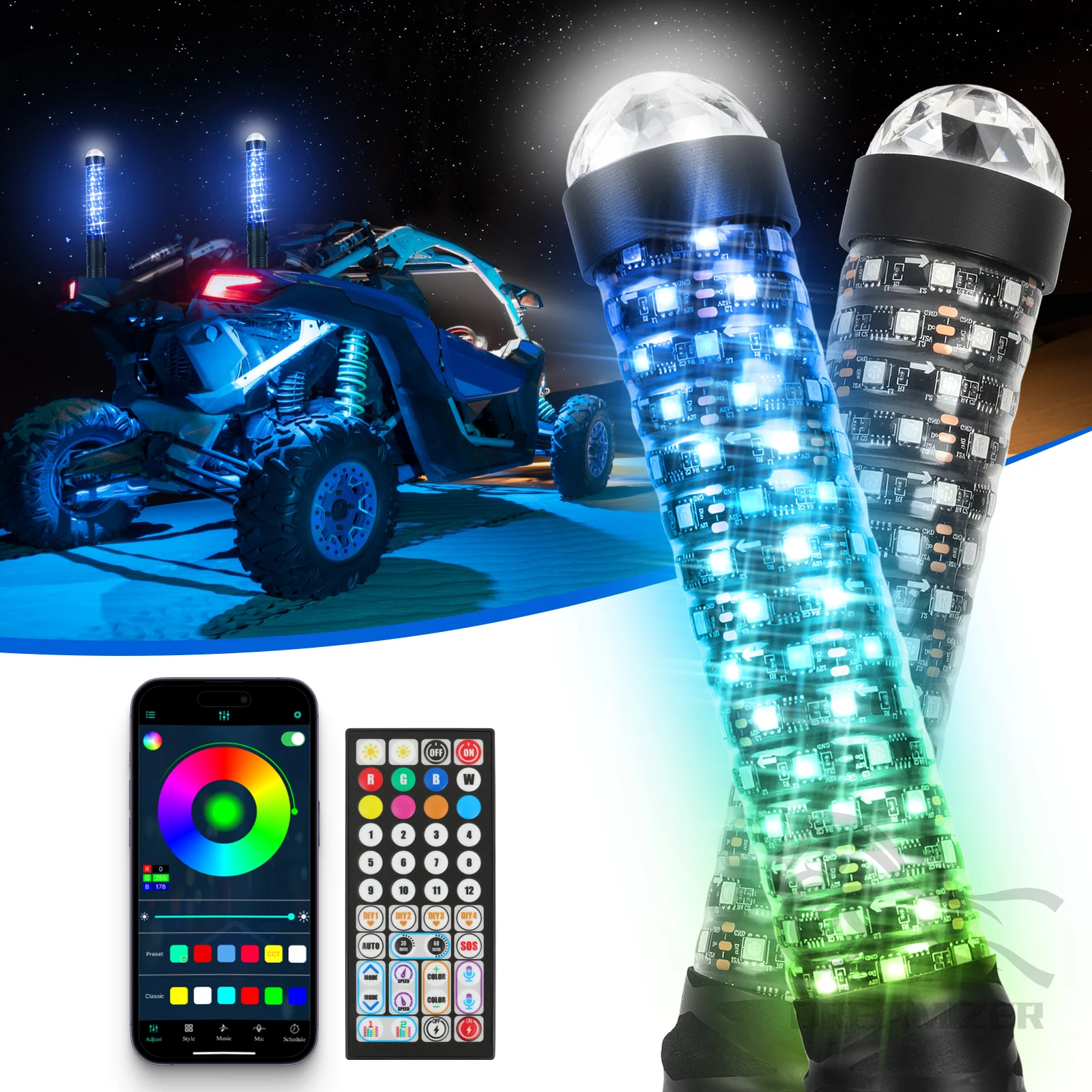 

Комплект Из 2 Светодиодных Хлыстов Bluetooth Длиной 1 Фут С Сигнальными Лампами, Пультом Дистанционного Управления