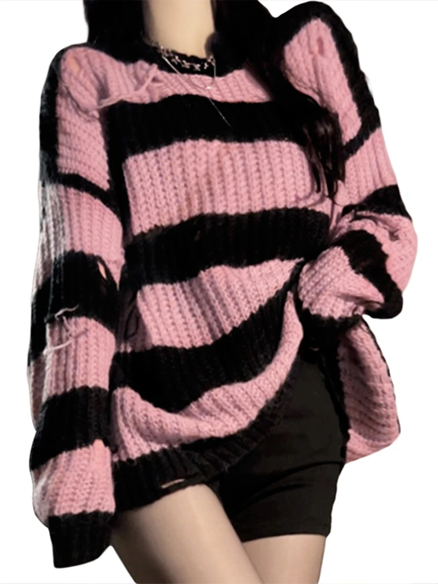 

Женский вязаный свитер, вязаный пуловер контрастных цветов с длинным рукавом, рваная ажурная рубашка