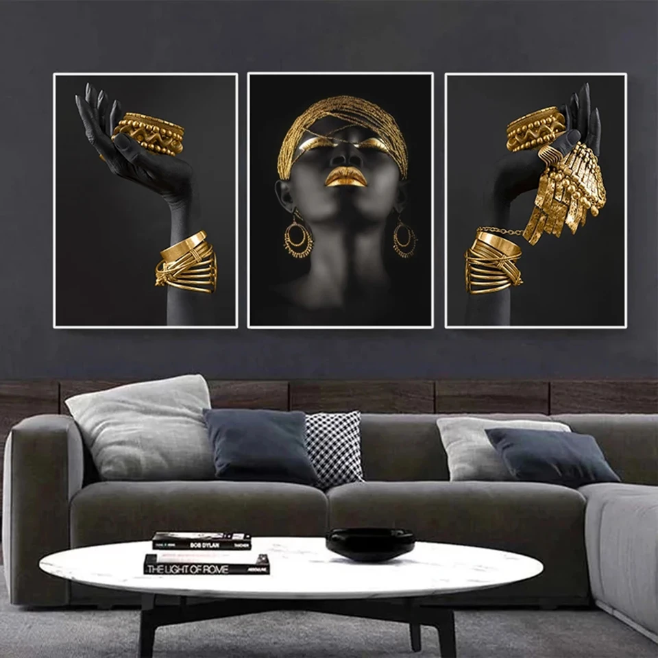 

African Woman Diamond Painting Art Full Diamond Embroidery Big Black Woman Holding Gold Jewelry Rhinestones Picture Home Decor
