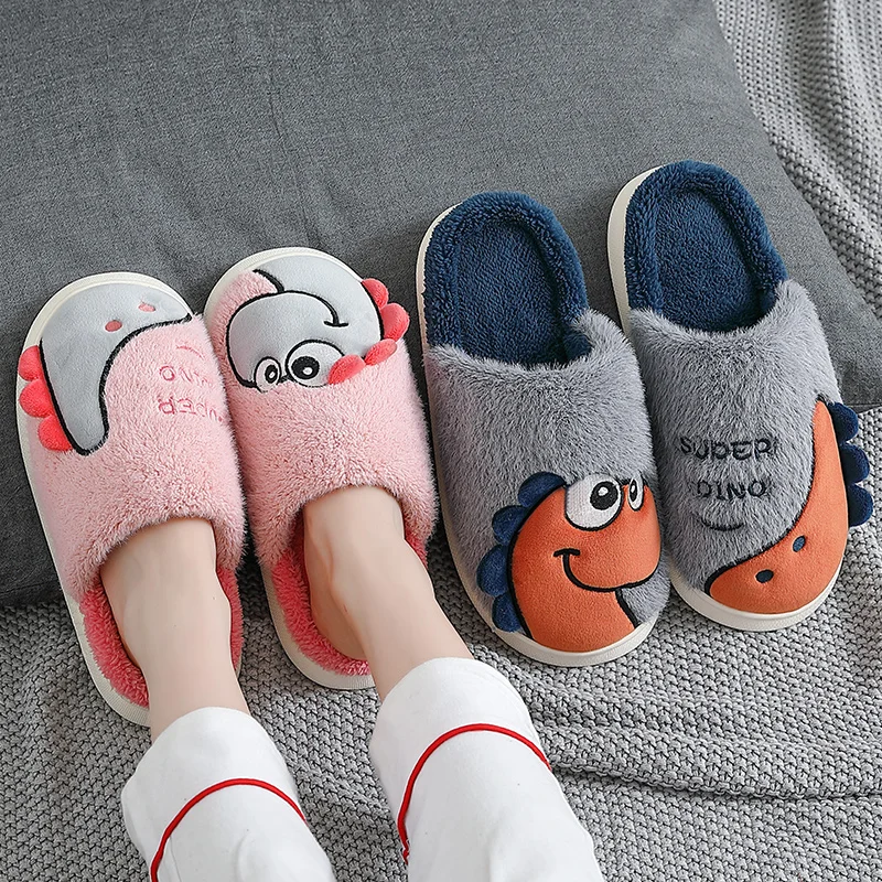 

Women Men Cotton Slippers Warm Indoor Cartoon Dinosaur Fuzzy Slides Plush EVA Thick Home Flat Platform Outdoor Anti-slip Shoes