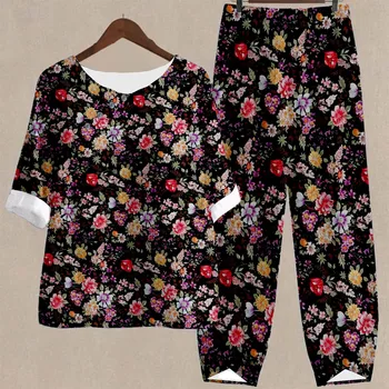 Harajuku Vintage Flower Print Women Set Spring Crew Neck Short Sleeve T-Shirt And Harem Pants Suit Summer Loose Two Piece Outfi 1