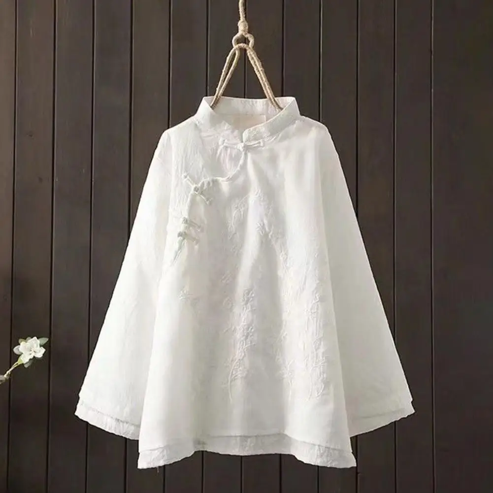 

Women Top Chinese Style Embroidered Retro Shirt Flower Pattern Knot Button Lady Shirt Solid Color Loose Stand Collar Blouse