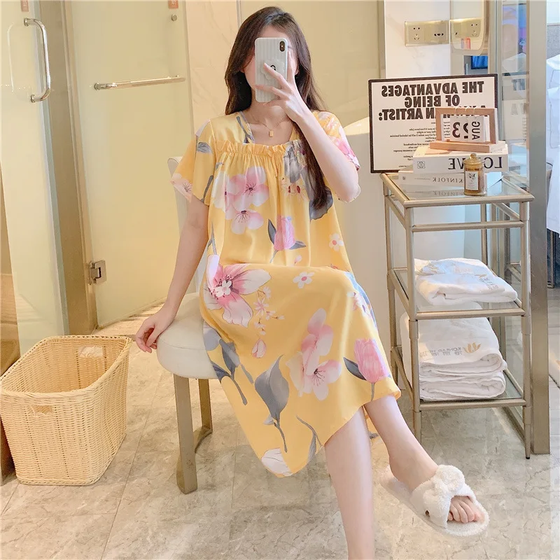 Short-sleeved Cotton Silk Nightdress Women's Spring and Autumn Summer Thin Section Pajamas Home Skirt Sweet Plus Size