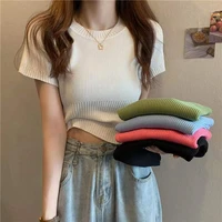 2022 korean fashion slim tees thin turtleneck short sleeve t shirt summer simple thin knit top spring base solid casual t shirts