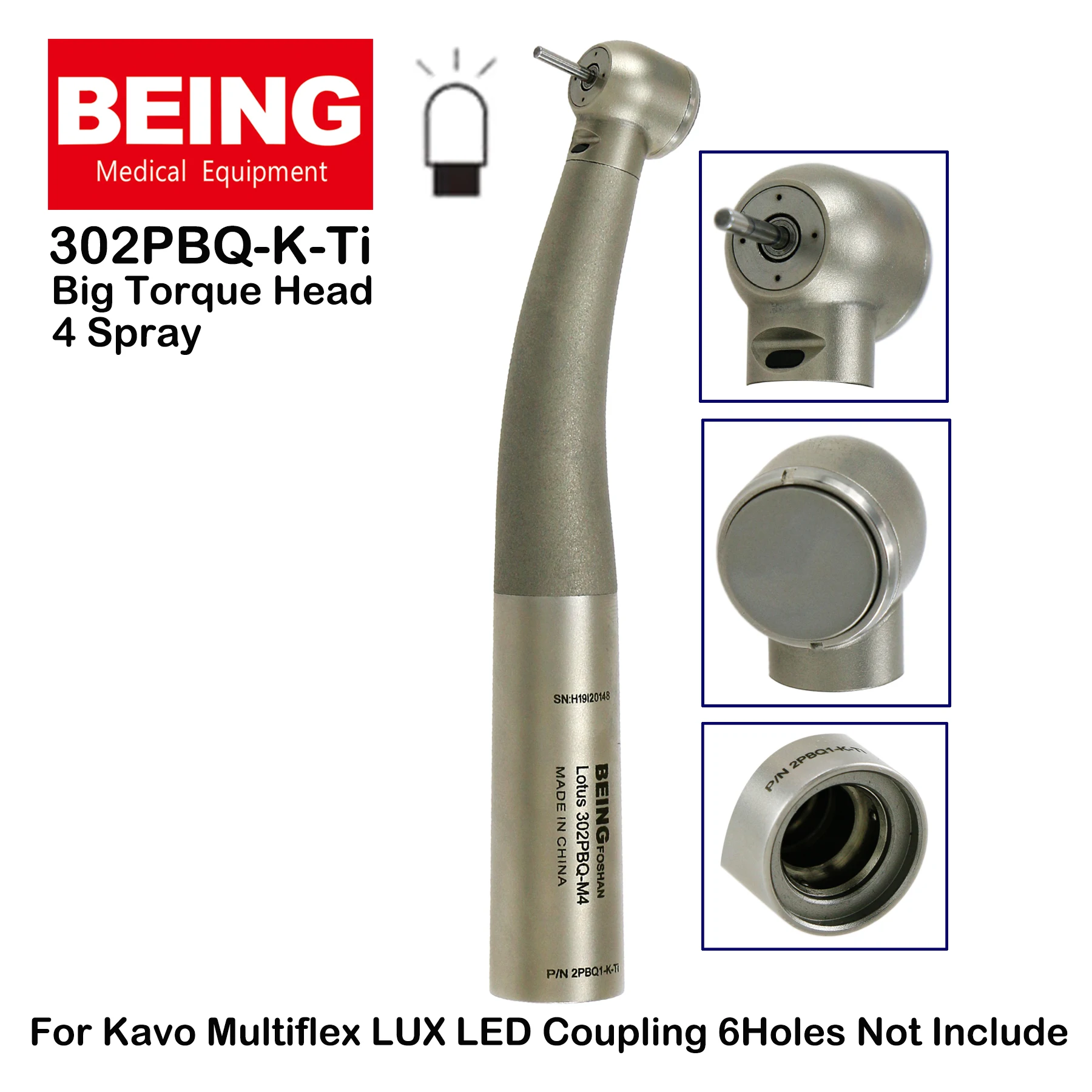 BEING Dental LED Fiber Optic High Speed Air Turbine Big Torque Handpiece 302PBQ-K Ti  For 8000B KaVo Multiflex LUX LED Coupling