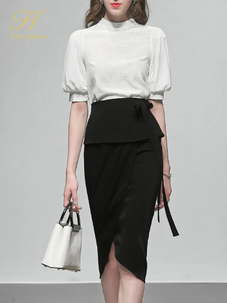 

H Han Queen Summer Professional 2-Piece Set Dot Cropped Top Blouses + Chic Fashion Split Pencil Skirt Casual Women's Suit Skirt