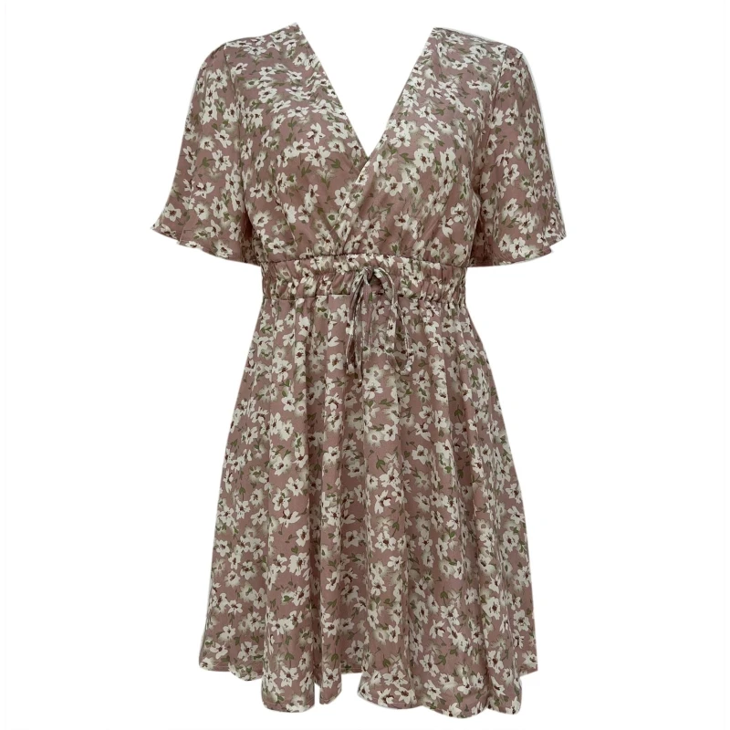 

Women Flare Short Sleeve Sexy V Neck Floral Tie Waist Ruffle Mini Swing Dress