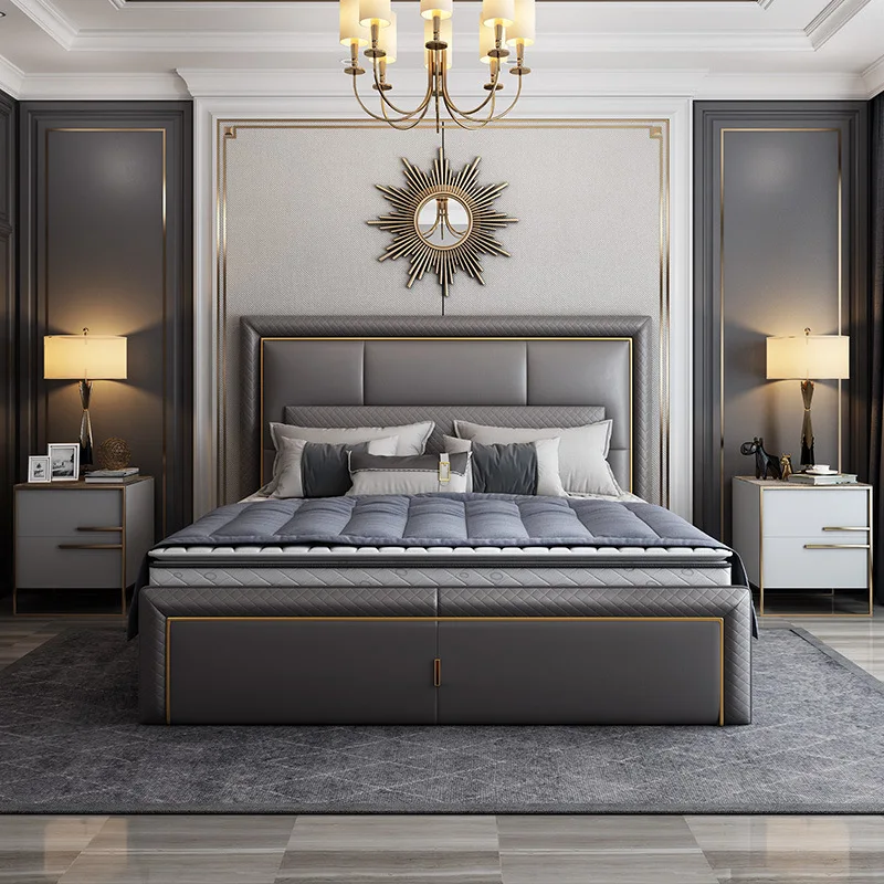 

Modern 1.8m Double Leather Bed Master Bedroom Restaurant Bed Bedroom Comfortable Vintage Country Muebles Home Furniture FGM