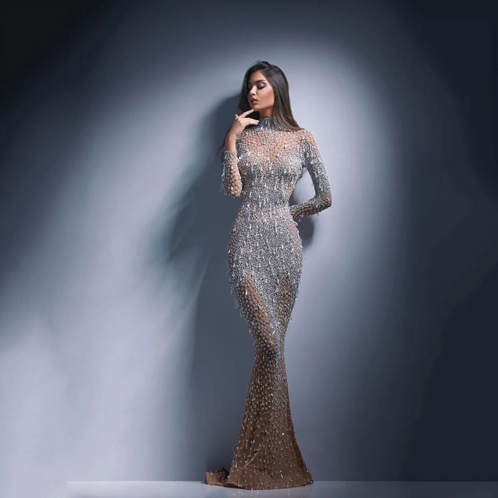 

2023 Spring /autumn New casual elegant dress,Women's Mesh Long Sleeve Slim Fit Sexy Long Dress Evening Dress