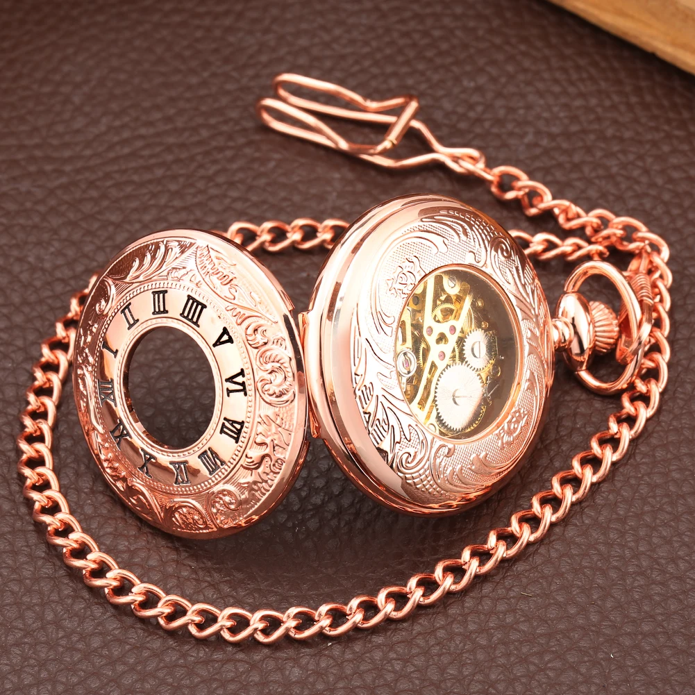Trendy Elegant Manual Mechanical Pocket Watch Rose Gold Arabic Numerals Display Vintage Pocket Timepiece Hand Winding Clock