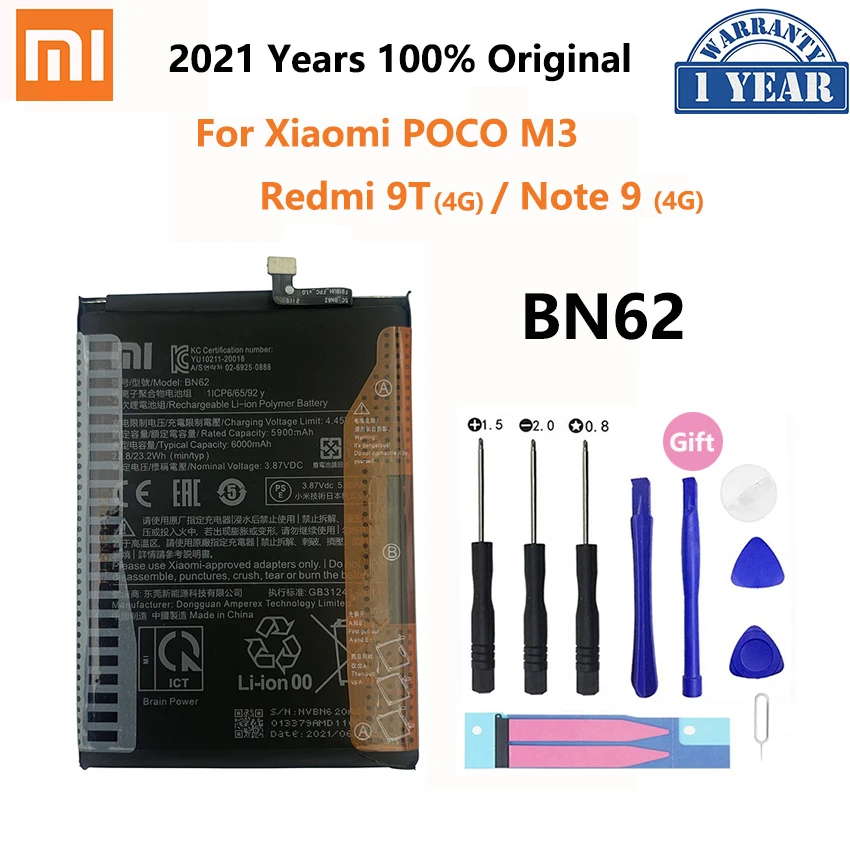 

100% Original Xiao mi BN62 6000mAh Phone Battery For Xiaomi POCO M3 Redmi Note 9 4G 9T Replacement Batteries Bateria