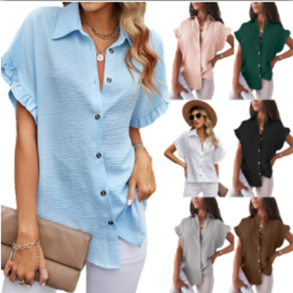 

Женская свободная рубашка с коротким рукавом, однотонный кардиган с лацканами, универсальная однобортная блузка, большие размеры, лето 2022