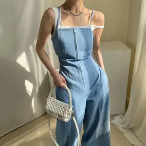 New Women's Solid Color Sleeveless High Waist Double Pocket Straight Sling Jumpsuit Wide Leg Pants in Pakistan