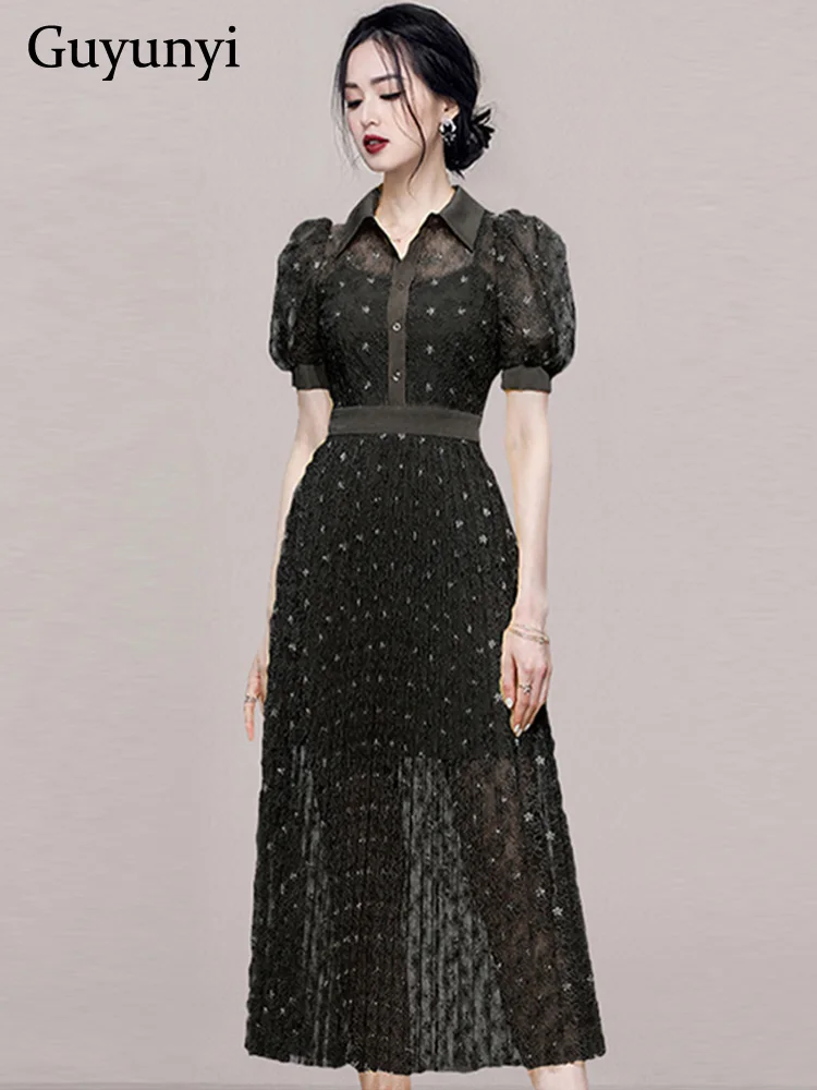 

Lace Vintage Floral Embroidery Dress 2022 Summer Shirt Collar Puff Sleeves High Waist Line Temperament Elegant Party Dress Women